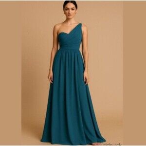Alfred Angelo Blue Teal One Shoulder Chiffon Gown Dress 4